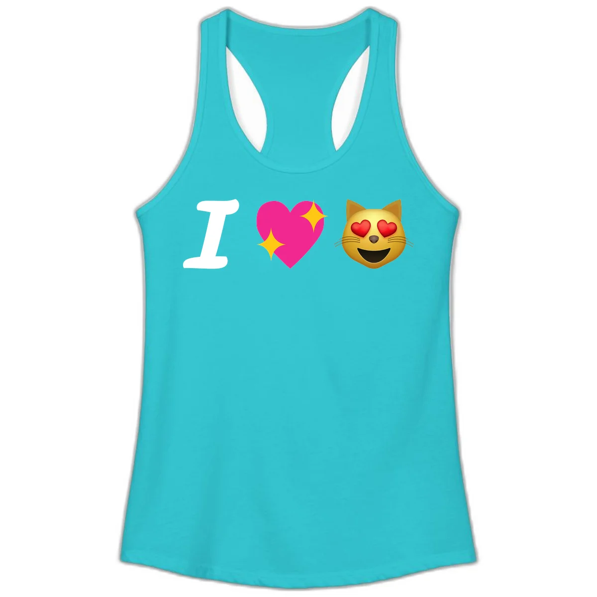 I love cats design with letter I, pink heart with sparkles, and smiling cat face with red heart eyes in Solid Tahiti Blue