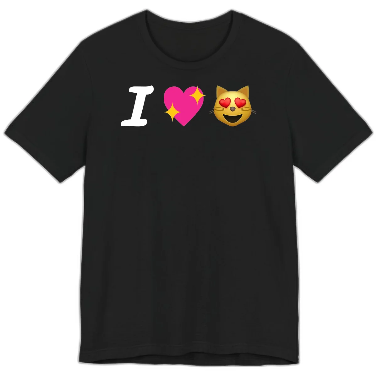 I love cats design with letter I, pink heart with sparkles, and smiling cat face with red heart eyes in Black