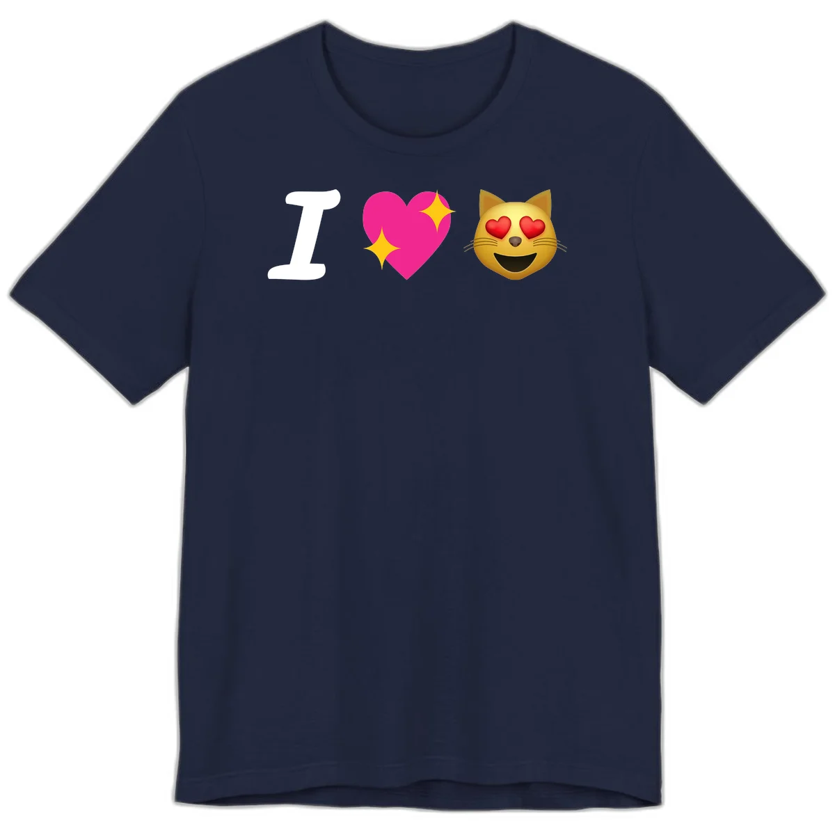 I love cats design with letter I, pink heart with sparkles, and smiling cat face with red heart eyes in Navy