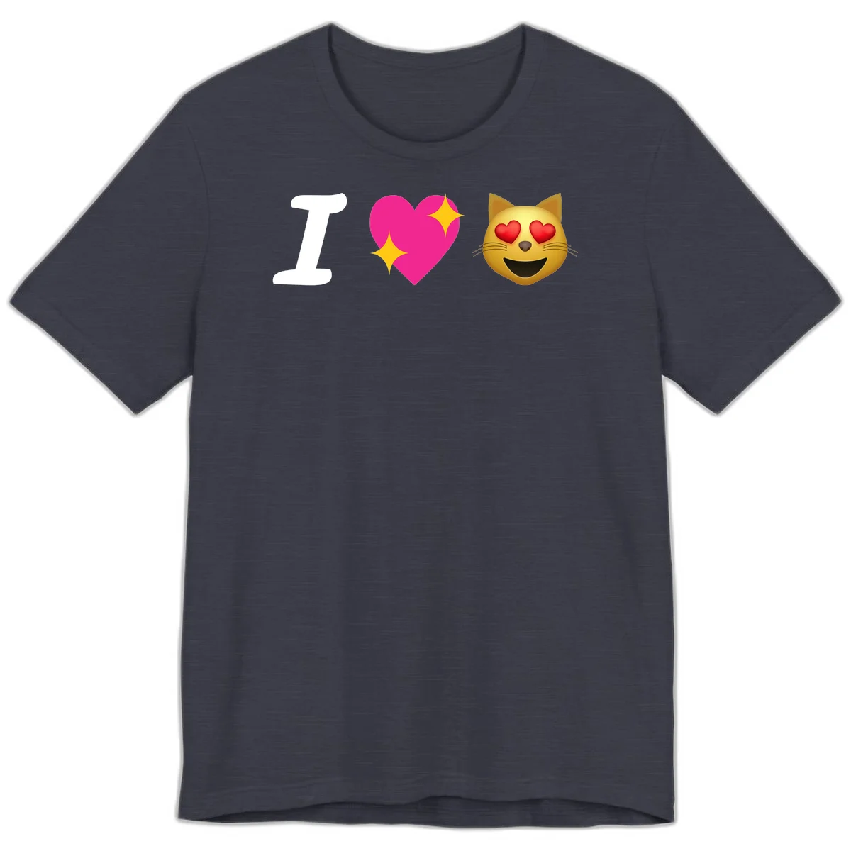 I love cats design with letter I, pink heart with sparkles, and smiling cat face with red heart eyes in Heather Midnight Navy