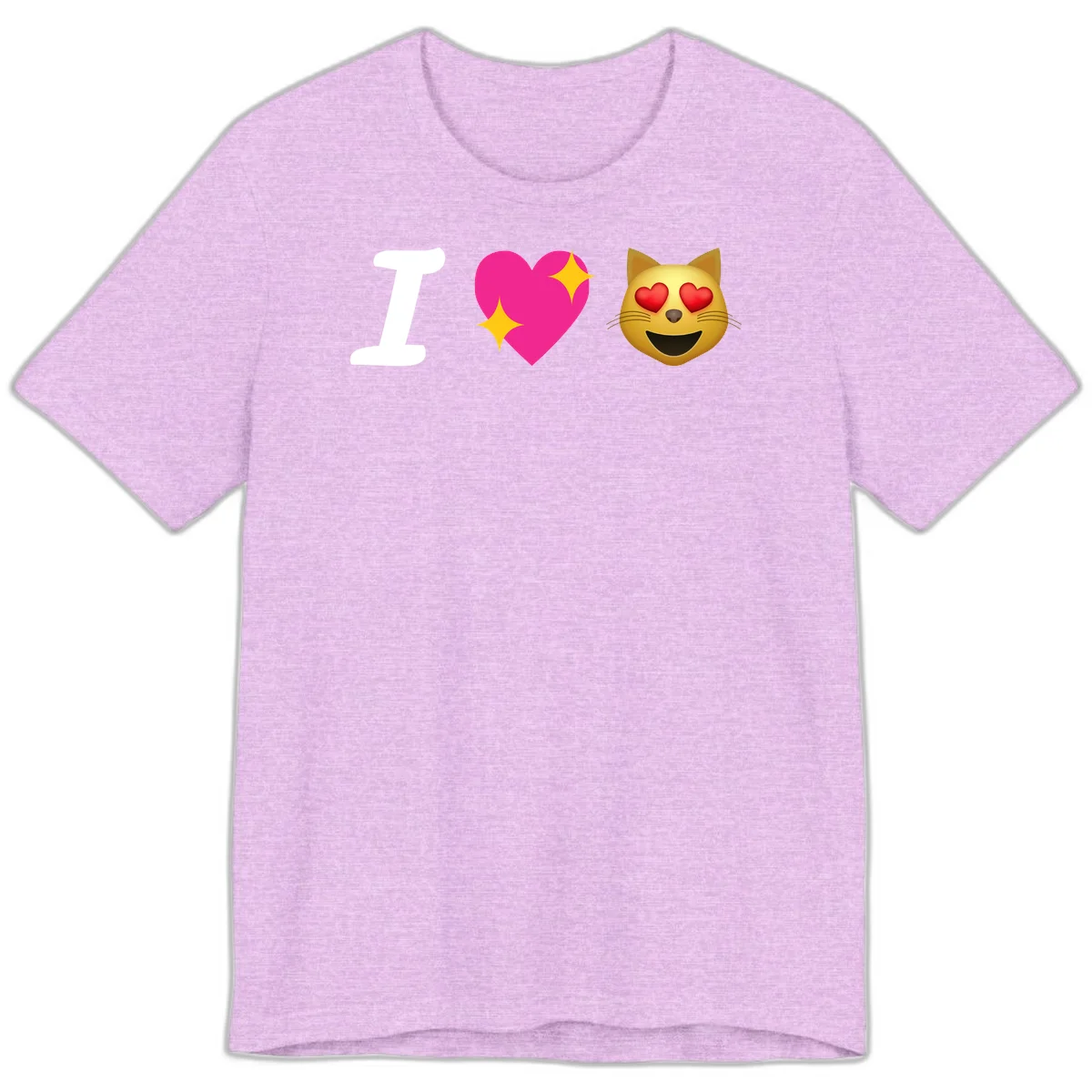 I love cats design with letter I, pink heart with sparkles, and smiling cat face with red heart eyes in Heather Prism Lilac