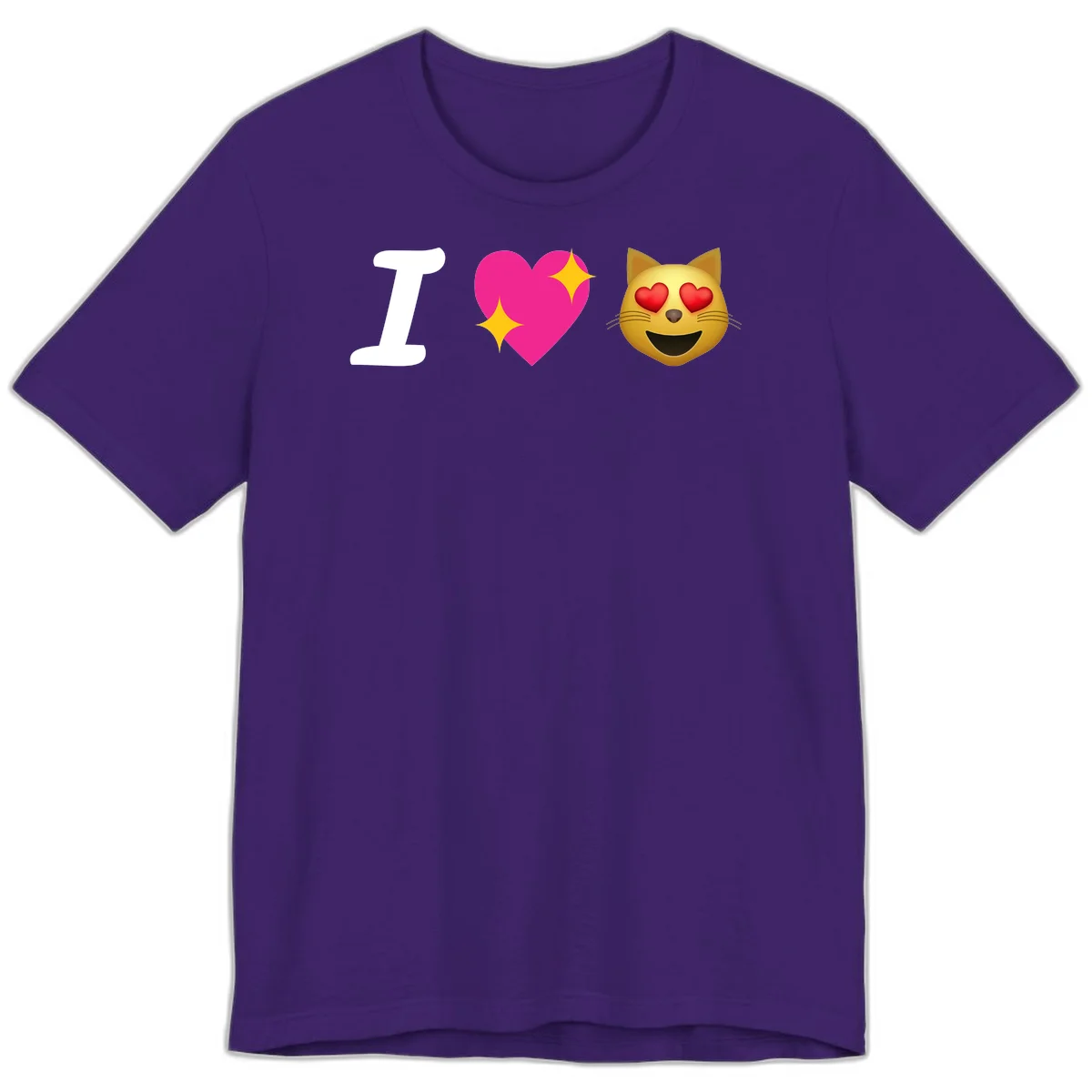 I love cats design with letter I, pink heart with sparkles, and smiling cat face with red heart eyes in Team Purple
