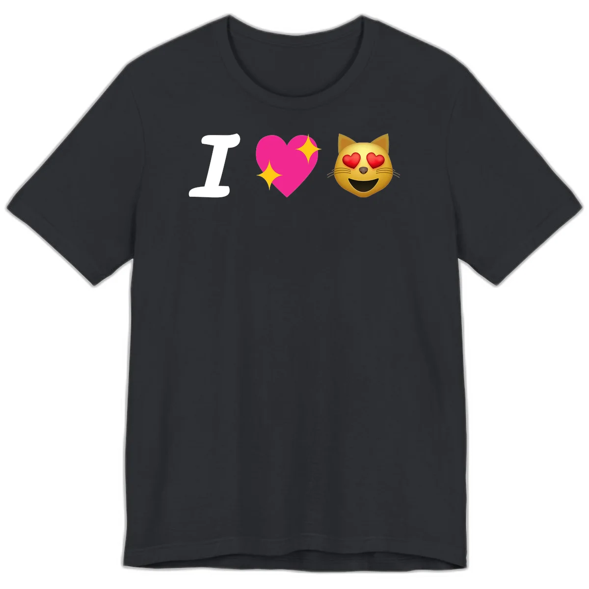 I love cats design with letter I, pink heart with sparkles, and smiling cat face with red heart eyes in Vintage Black
