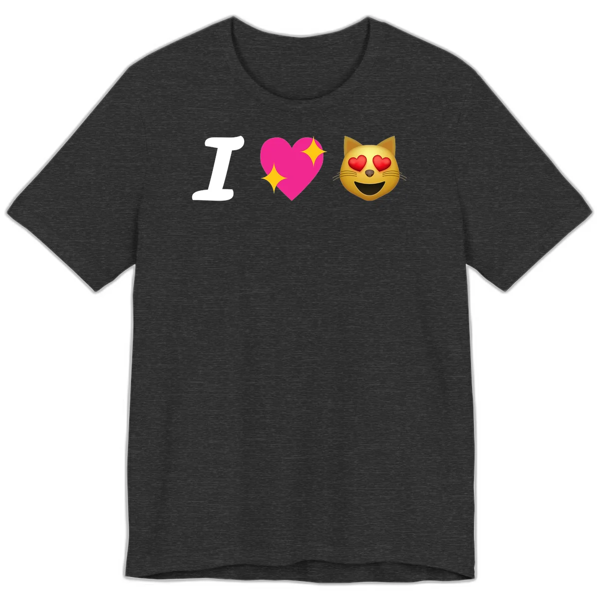 I love cats design with letter I, pink heart with sparkles, and smiling cat face with red heart eyes in Dark Grey Heather