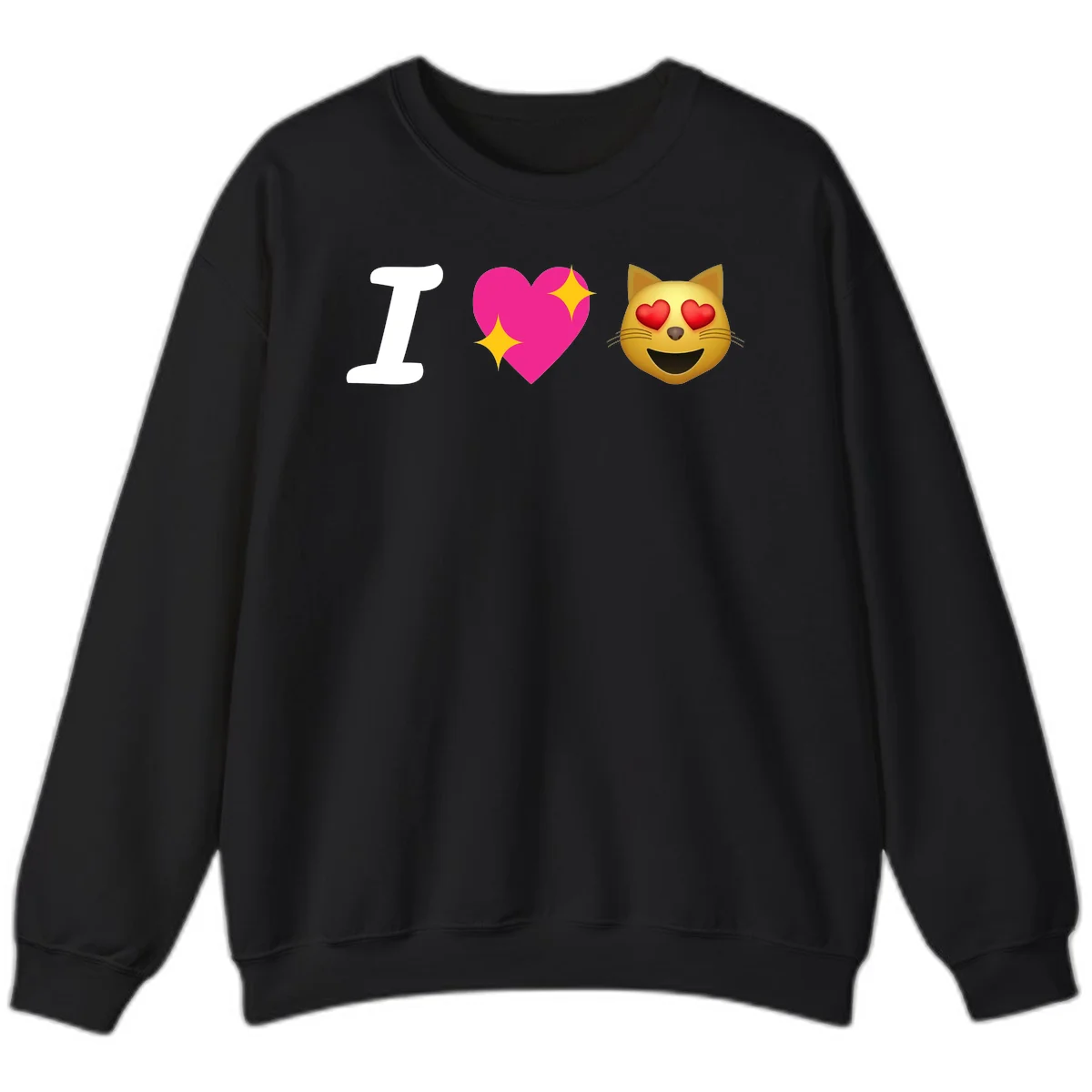 I love cats design with letter I, pink heart with sparkles, and smiling cat face with red heart eyes in Black