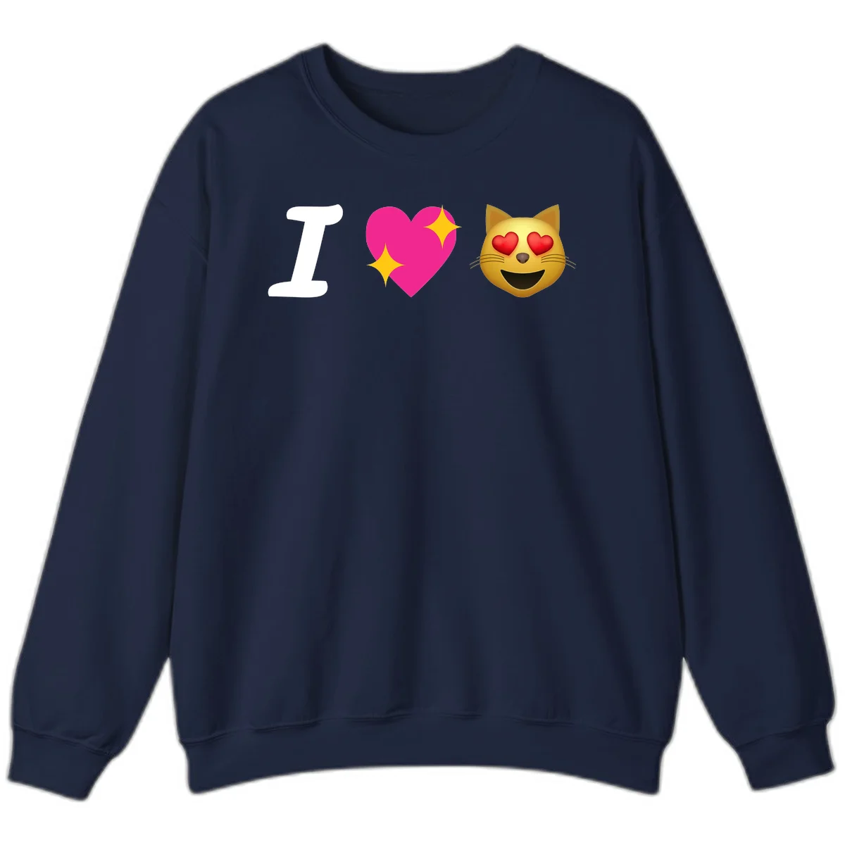 I love cats design with letter I, pink heart with sparkles, and smiling cat face with red heart eyes in Navy