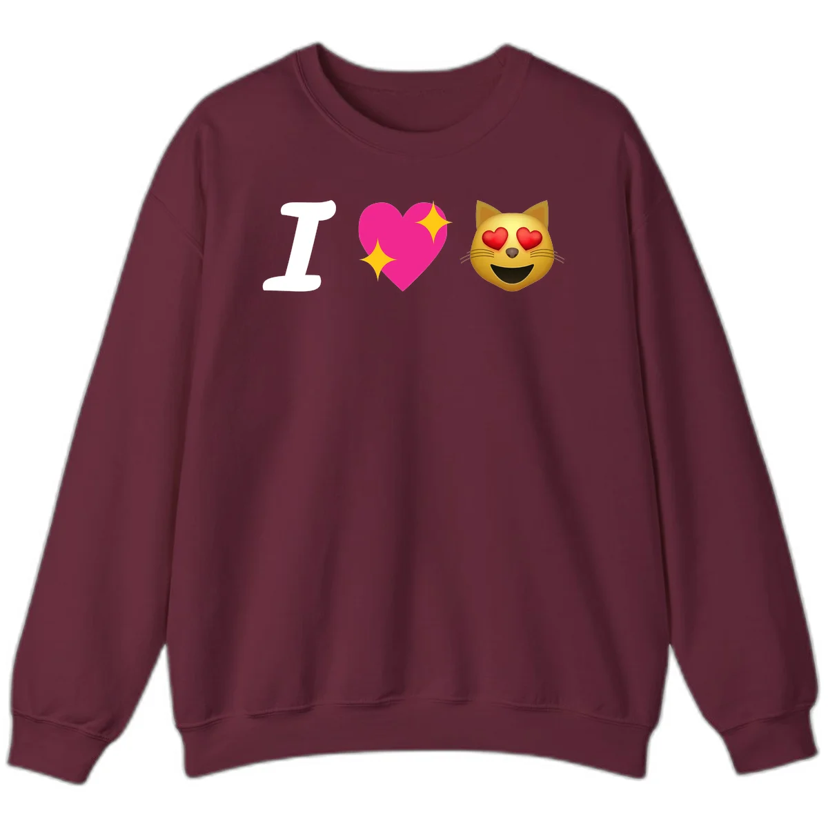 I love cats design with letter I, pink heart with sparkles, and smiling cat face with red heart eyes in Maroon