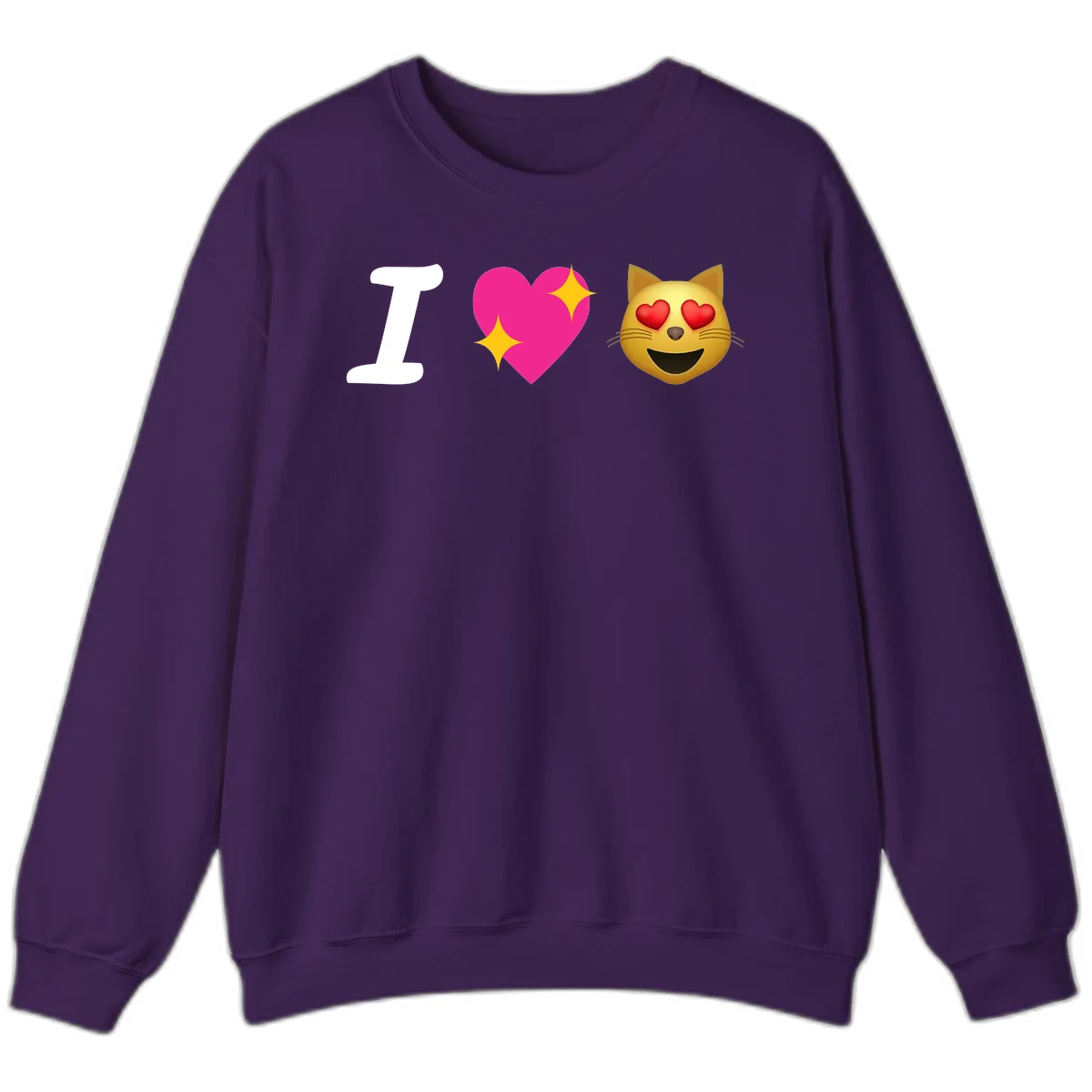I love cats design with letter I, pink heart with sparkles, and smiling cat face with red heart eyes in Purple