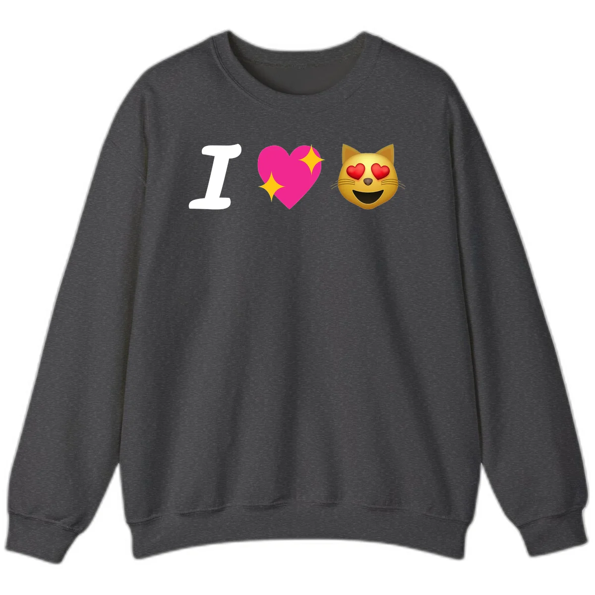 I love cats design with letter I, pink heart with sparkles, and smiling cat face with red heart eyes in Dark Heather