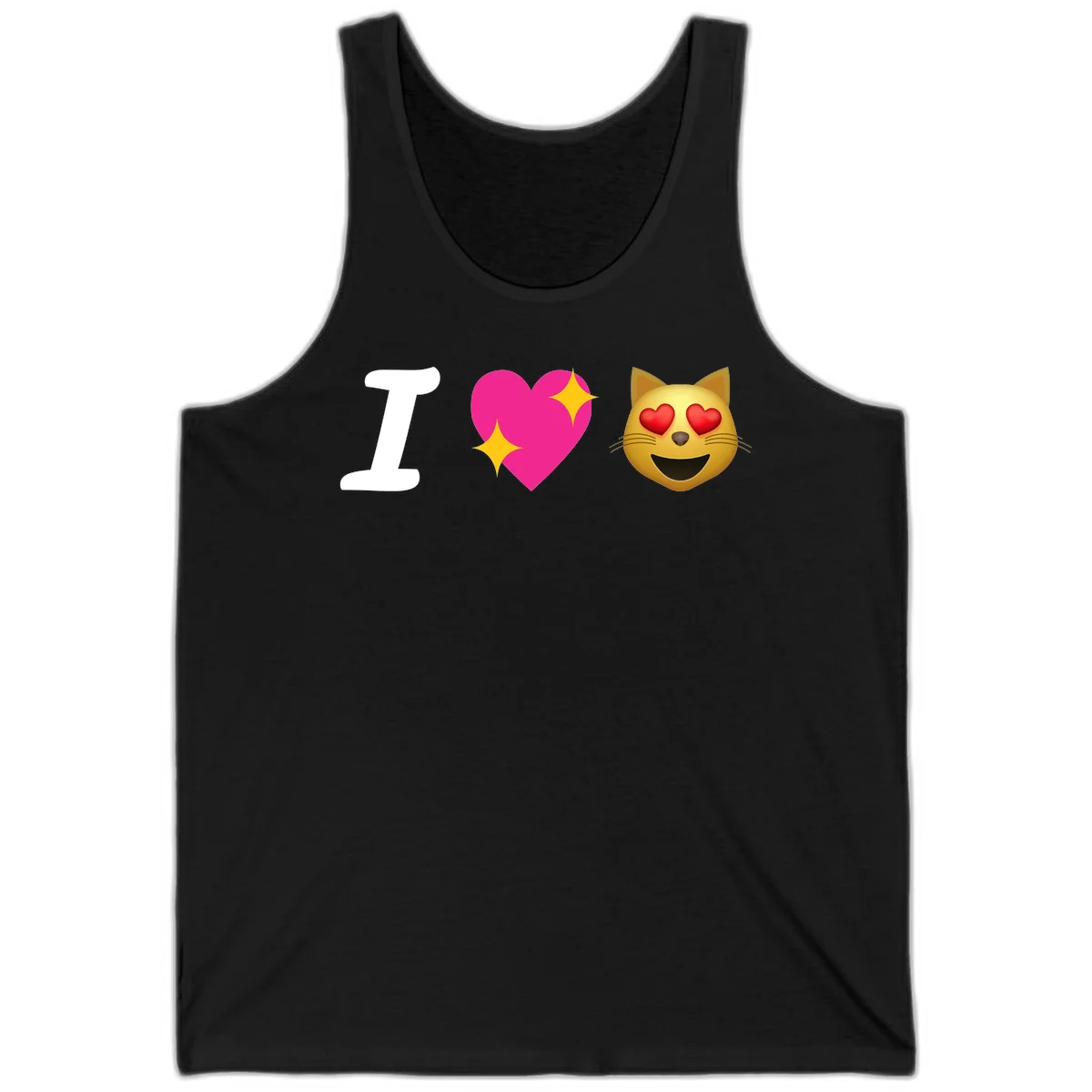 I love cats design with letter I, pink heart with sparkles, and smiling cat face with red heart eyes in Black