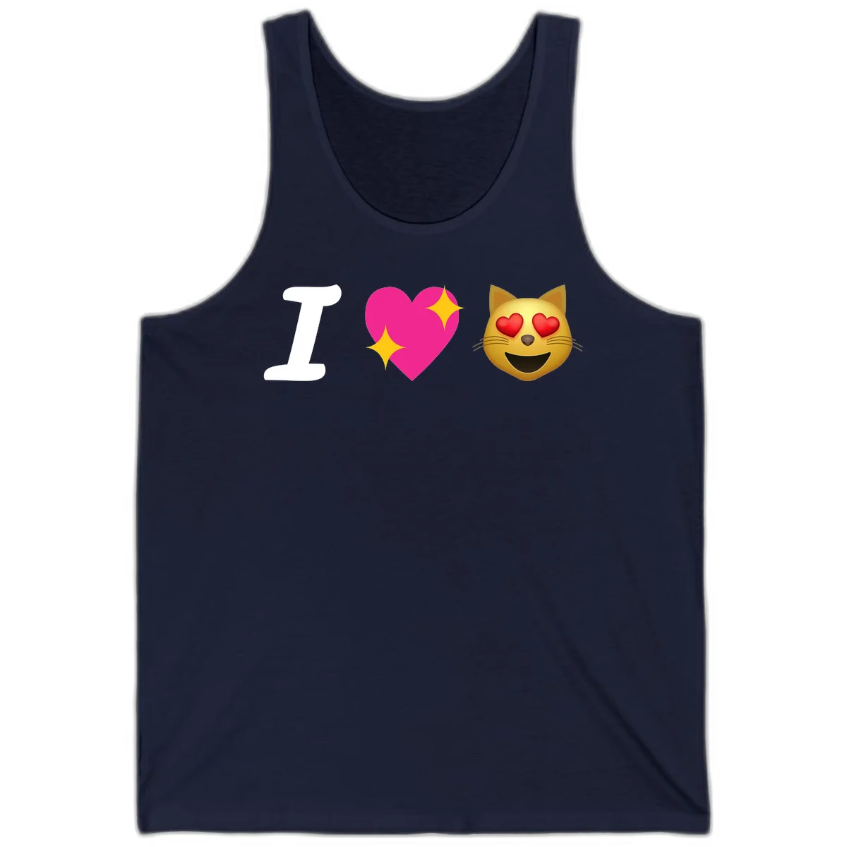 I love cats design with letter I, pink heart with sparkles, and smiling cat face with red heart eyes in Navy