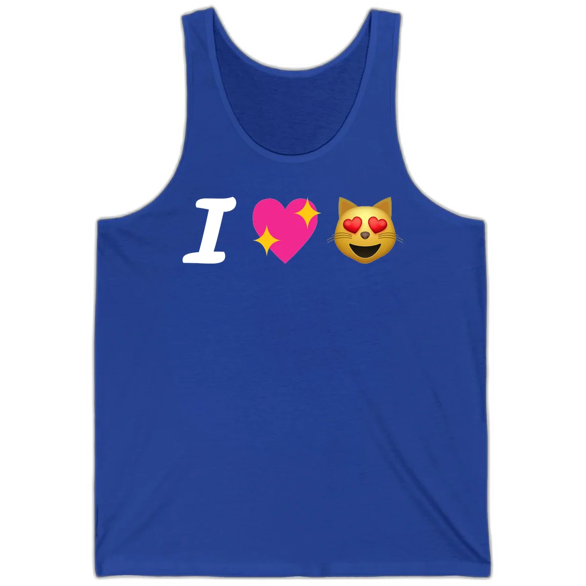 I love cats design with letter I, pink heart with sparkles, and smiling cat face with red heart eyes in True Royal