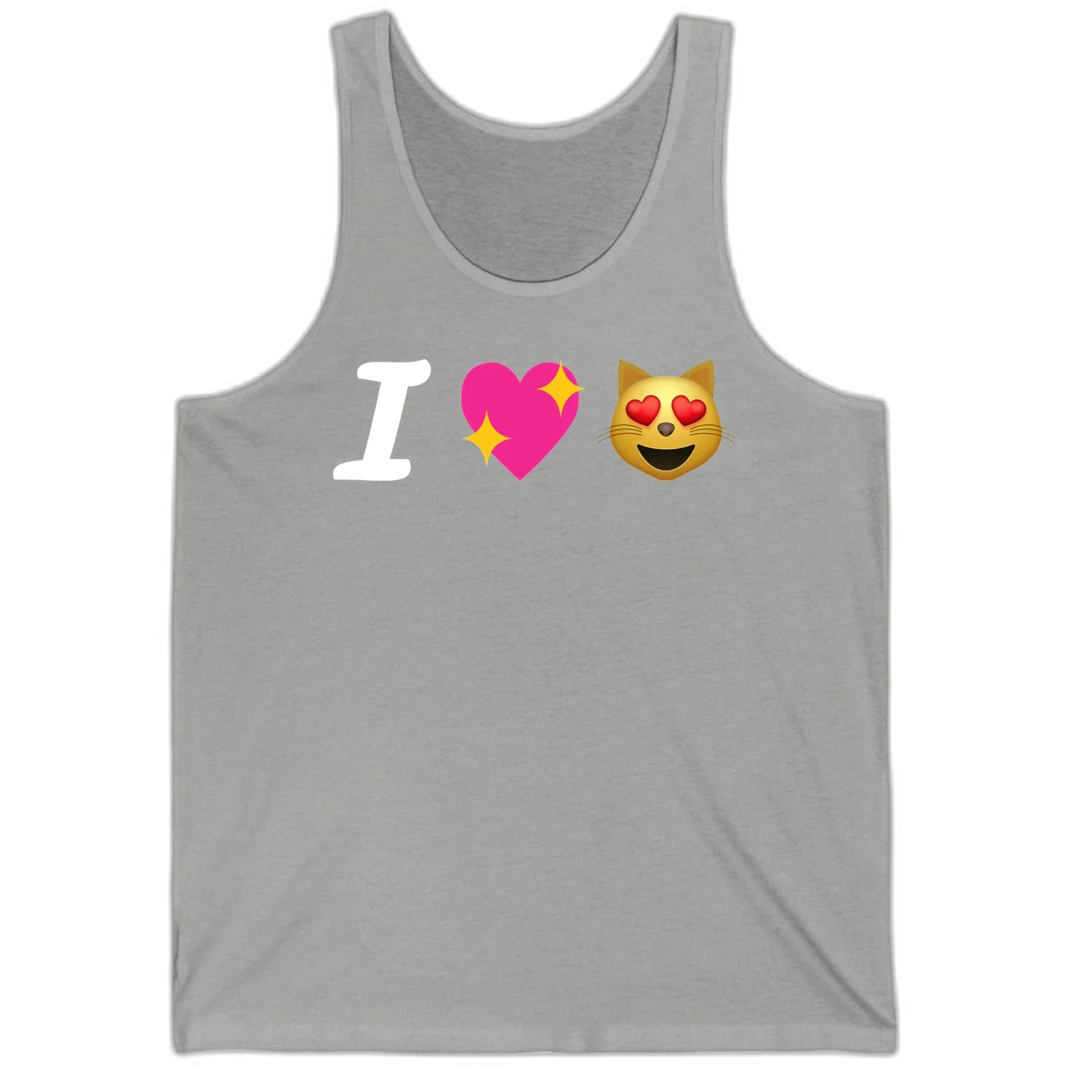 I love cats design with letter I, pink heart with sparkles, and smiling cat face with red heart eyes in Athletic Heather