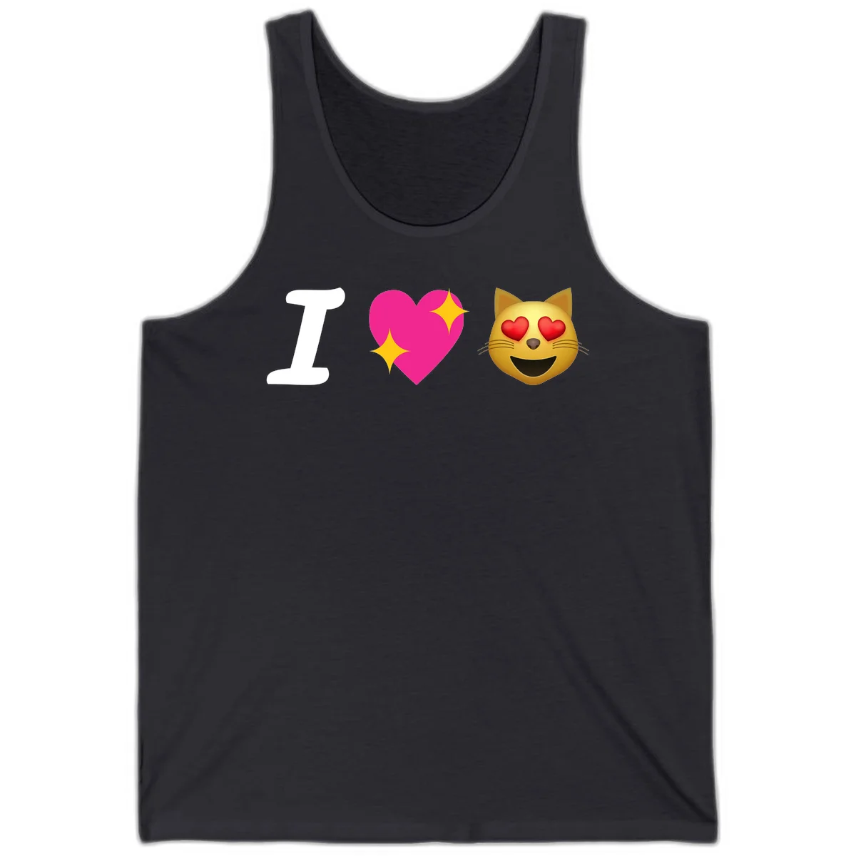 I love cats design with letter I, pink heart with sparkles, and smiling cat face with red heart eyes in Dark Grey