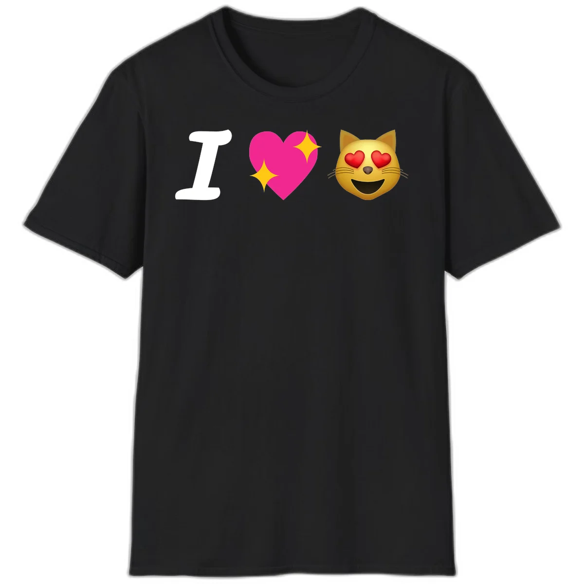 I love cats design with letter I, pink heart with sparkles, and smiling cat face with red heart eyes in Black