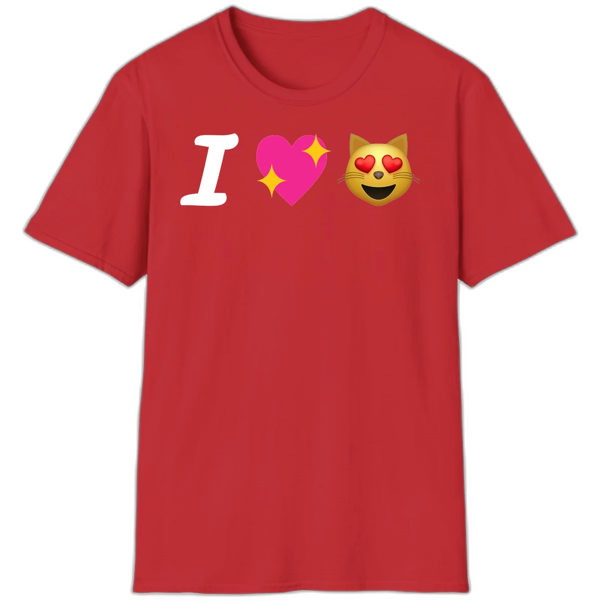 I love cats design with letter I, pink heart with sparkles, and smiling cat face with red heart eyes in Red