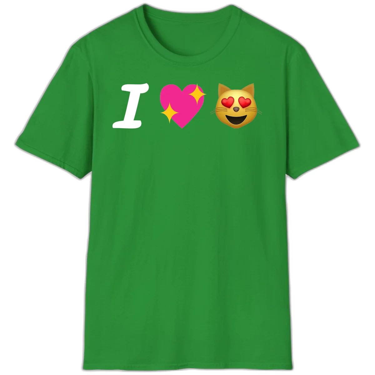 I love cats design with letter I, pink heart with sparkles, and smiling cat face with red heart eyes in Irish Green