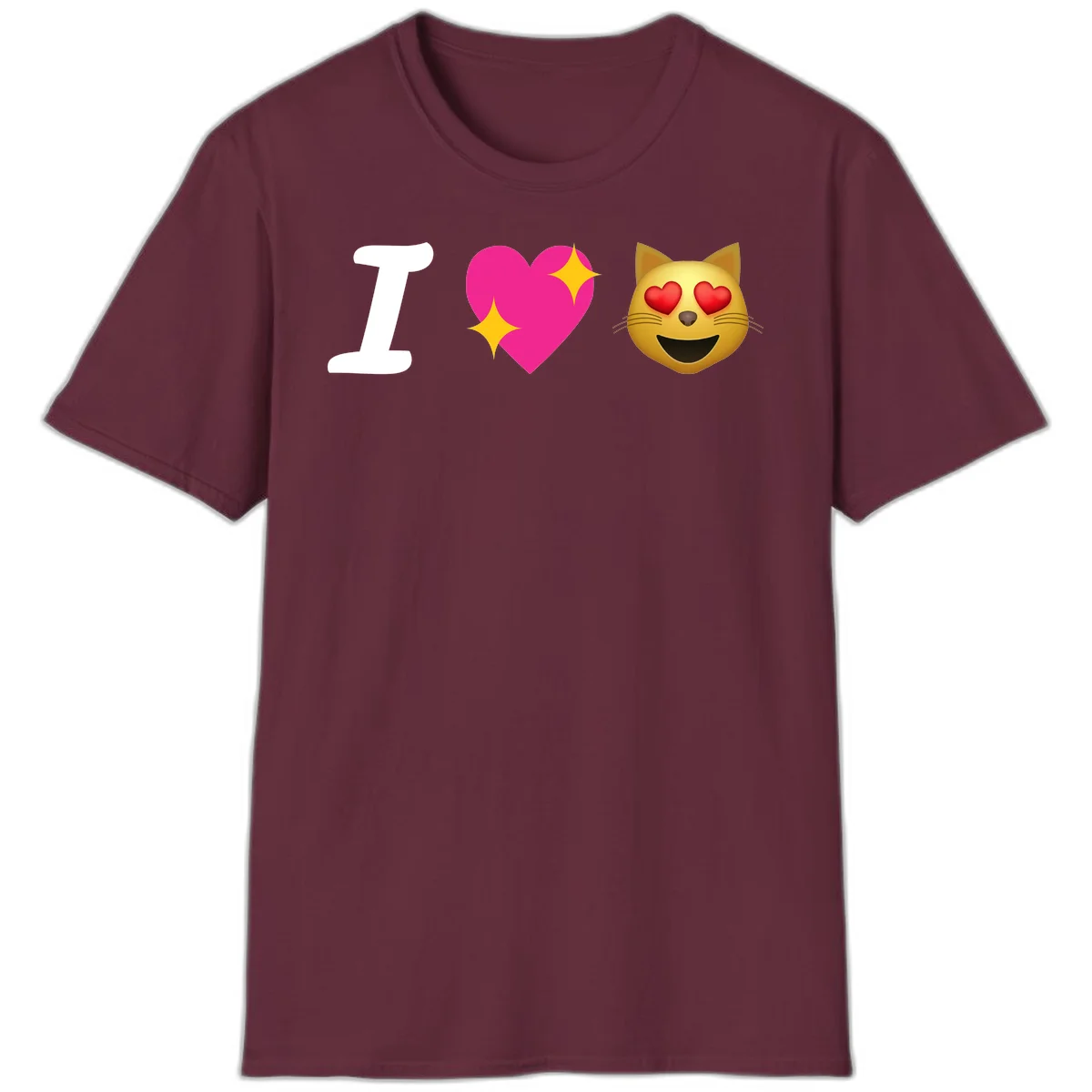 I love cats design with letter I, pink heart with sparkles, and smiling cat face with red heart eyes in Maroon