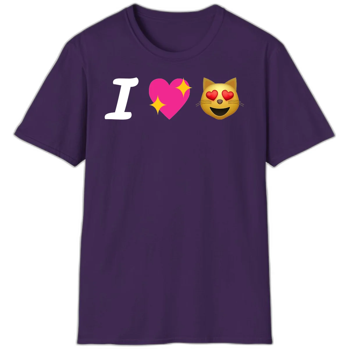 I love cats design with letter I, pink heart with sparkles, and smiling cat face with red heart eyes in Purple