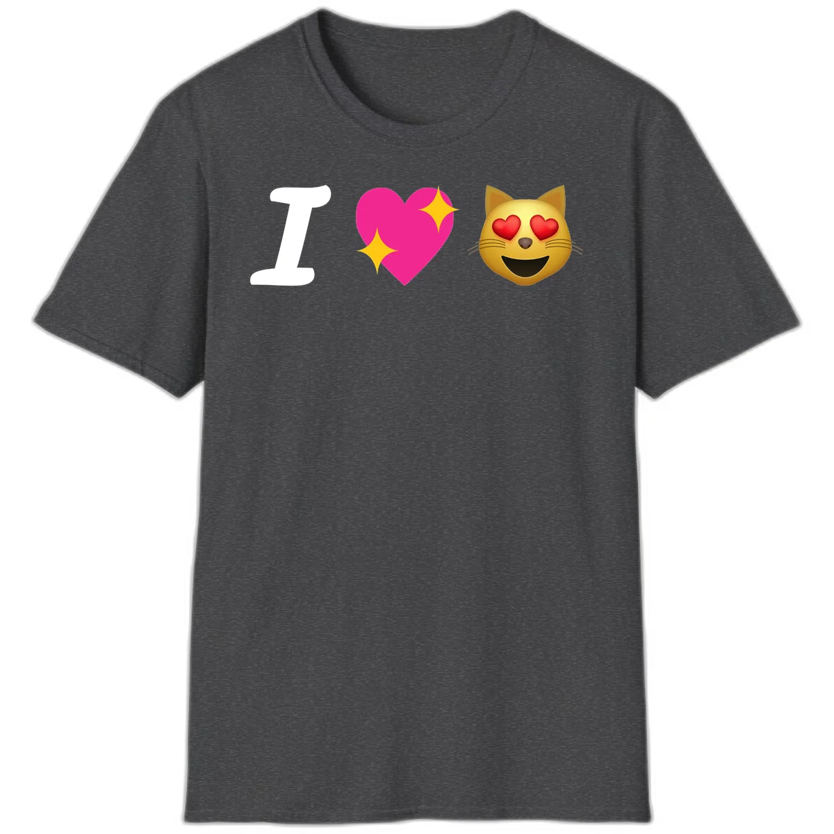 I love cats design with letter I, pink heart with sparkles, and smiling cat face with red heart eyes in Dark Heather