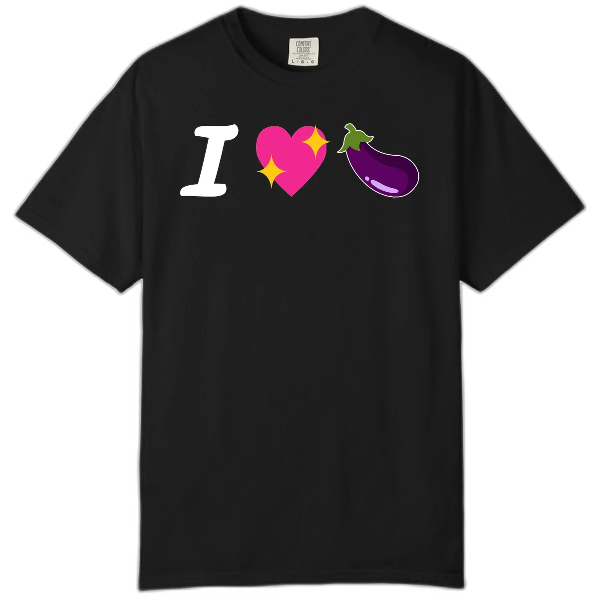 Rebus design reading 'I love eggplant' with letter I, pink heart with yellow sparkles, and purple eggplant illustration in Black