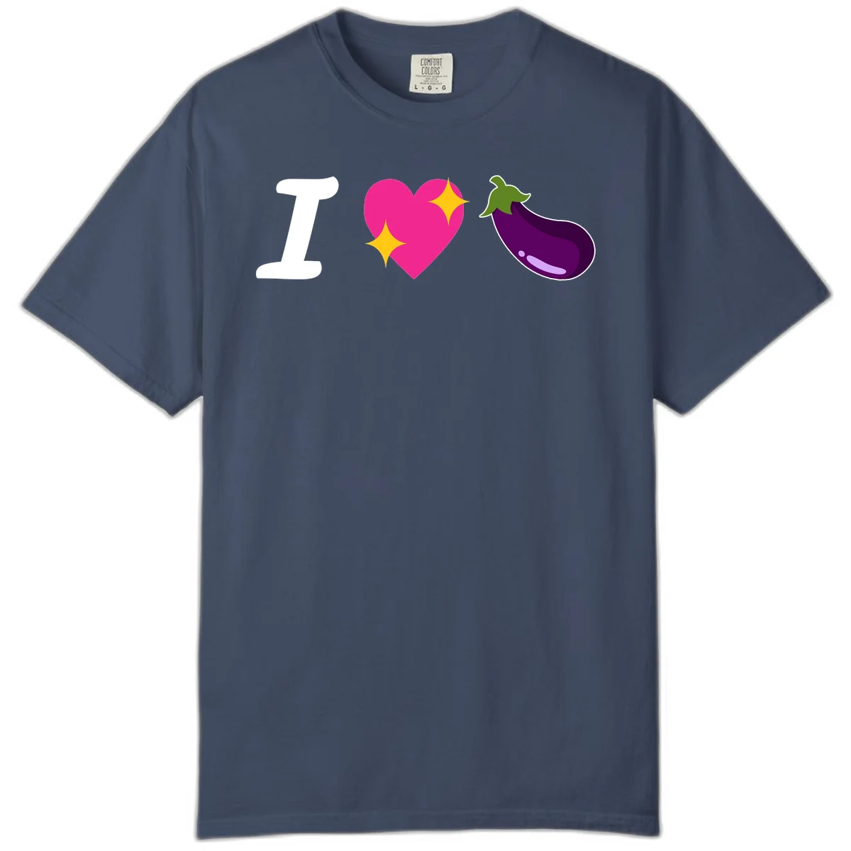 Rebus design reading 'I love eggplant' with letter I, pink heart with yellow sparkles, and purple eggplant illustration in Midnight