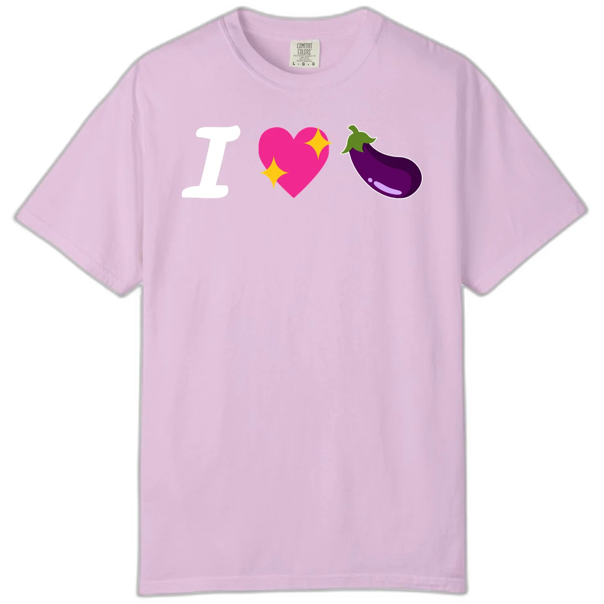 Rebus design reading 'I love eggplant' with letter I, pink heart with yellow sparkles, and purple eggplant illustration in Orchid