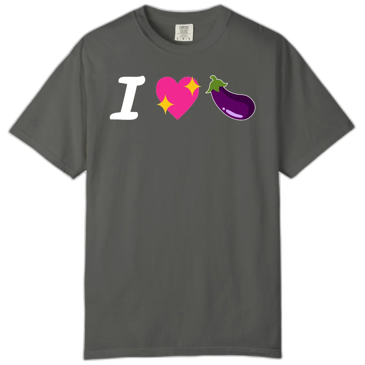 Rebus design reading 'I love eggplant' with letter I, pink heart with yellow sparkles, and purple eggplant illustration in Pepper