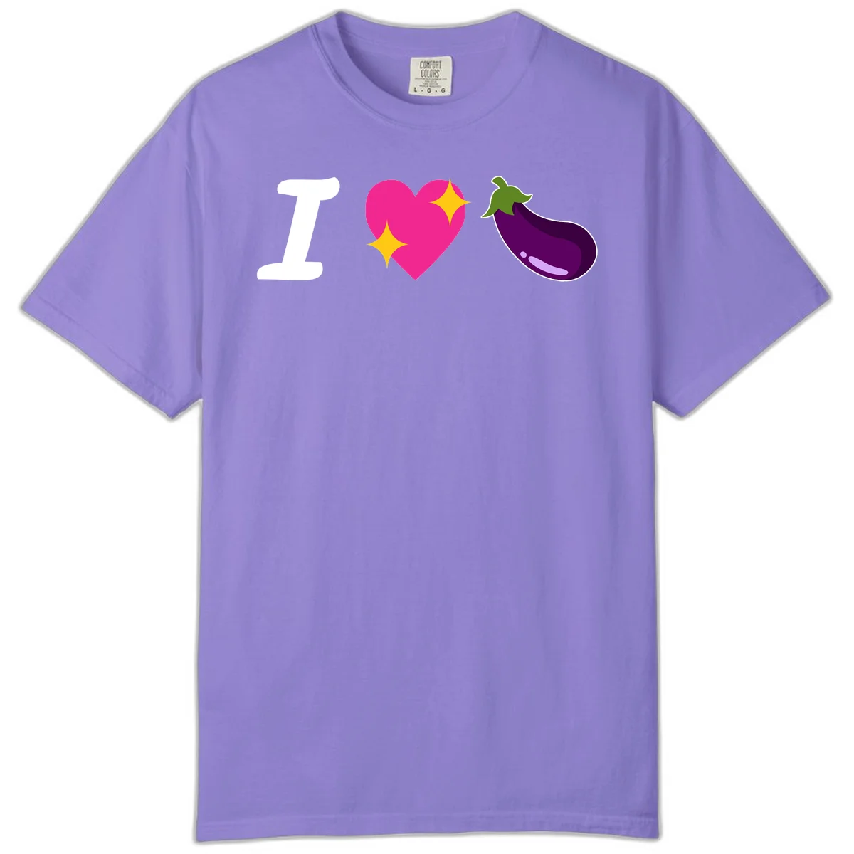Rebus design reading 'I love eggplant' with letter I, pink heart with yellow sparkles, and purple eggplant illustration in Violet