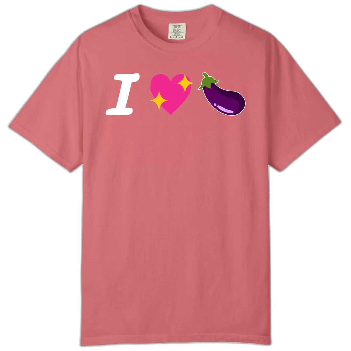 Rebus design reading 'I love eggplant' with letter I, pink heart with yellow sparkles, and purple eggplant illustration in Watermelon