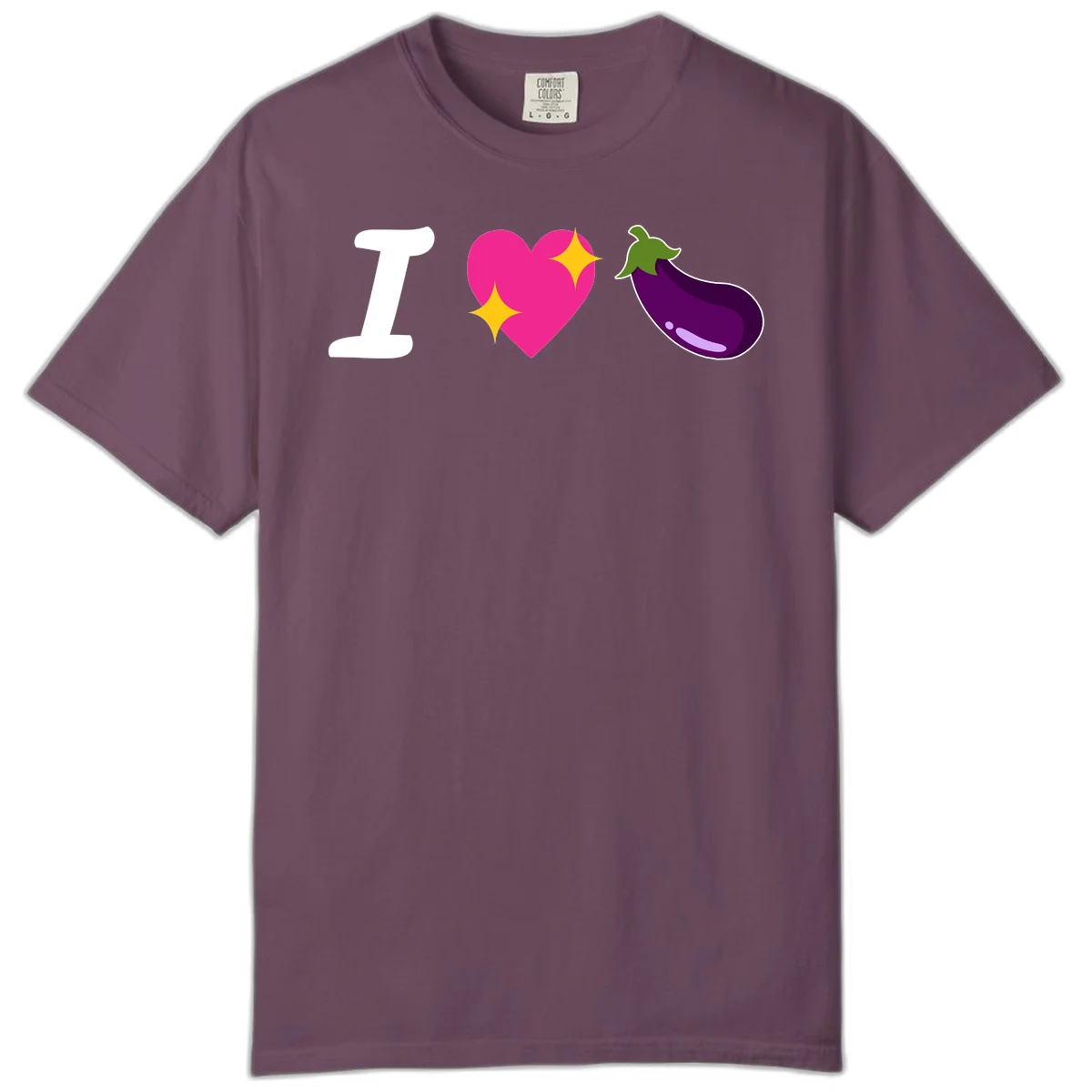 Rebus design reading 'I love eggplant' with letter I, pink heart with yellow sparkles, and purple eggplant illustration in Berry