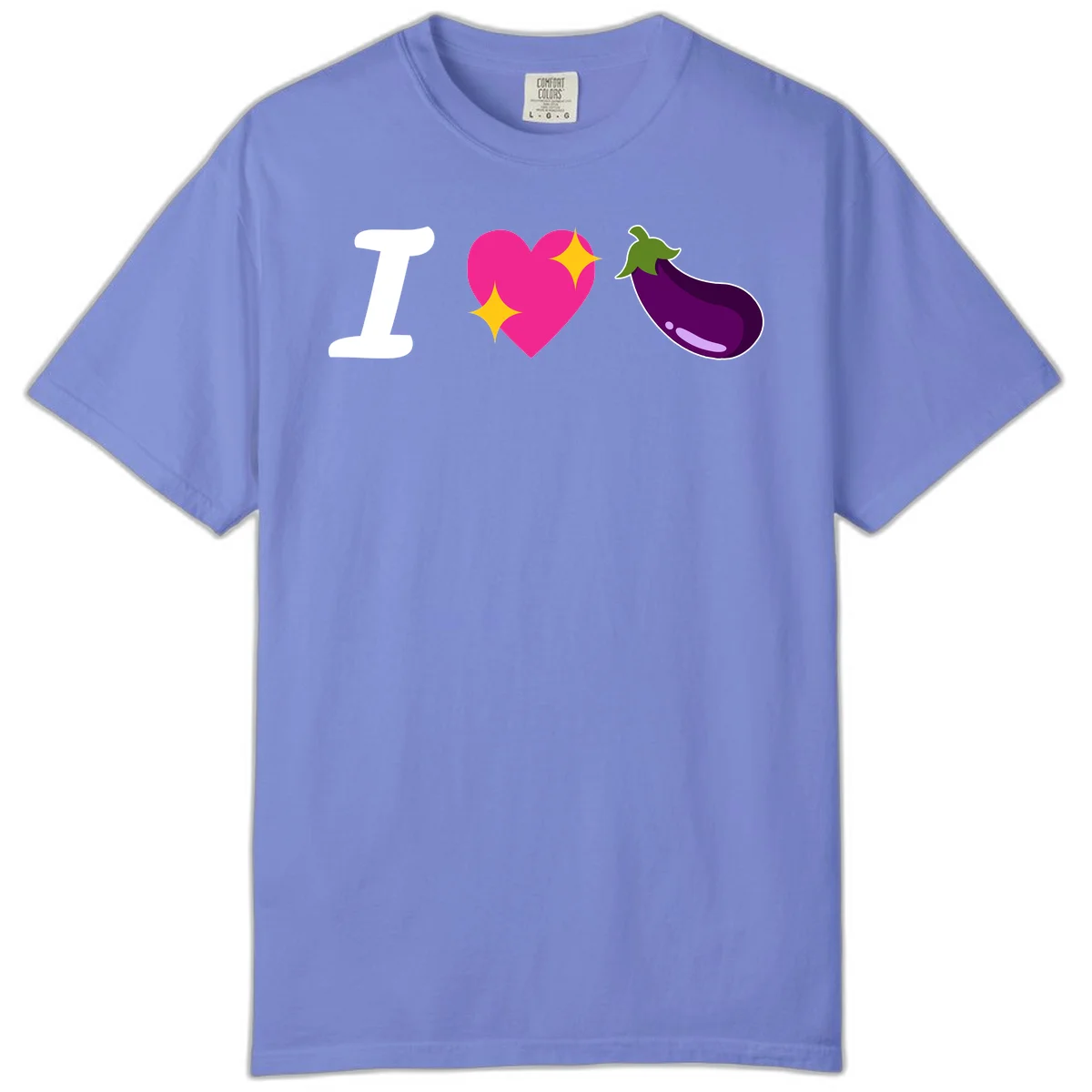 Rebus design reading 'I love eggplant' with letter I, pink heart with yellow sparkles, and purple eggplant illustration in Flo Blue