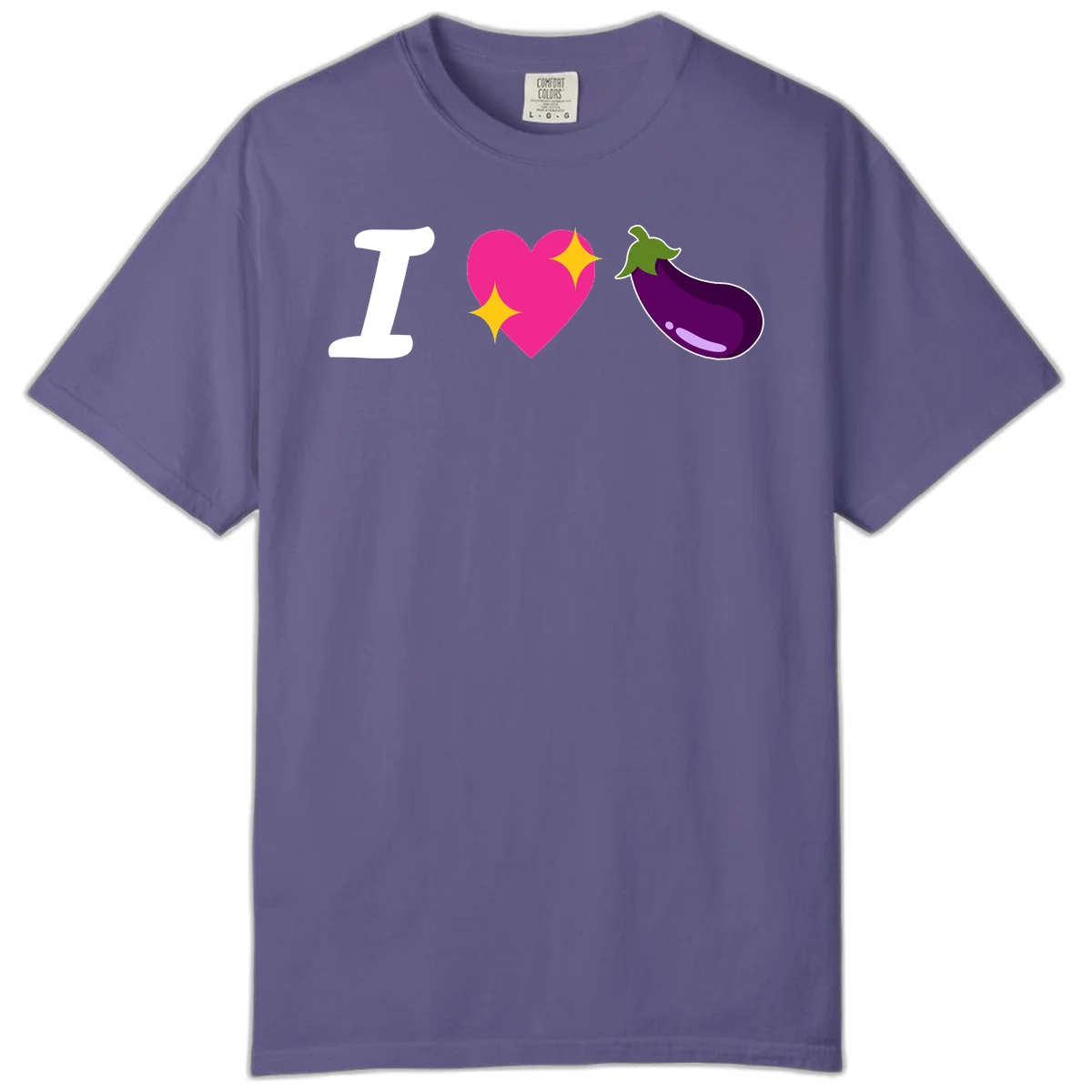 Rebus design reading 'I love eggplant' with letter I, pink heart with yellow sparkles, and purple eggplant illustration in Grape