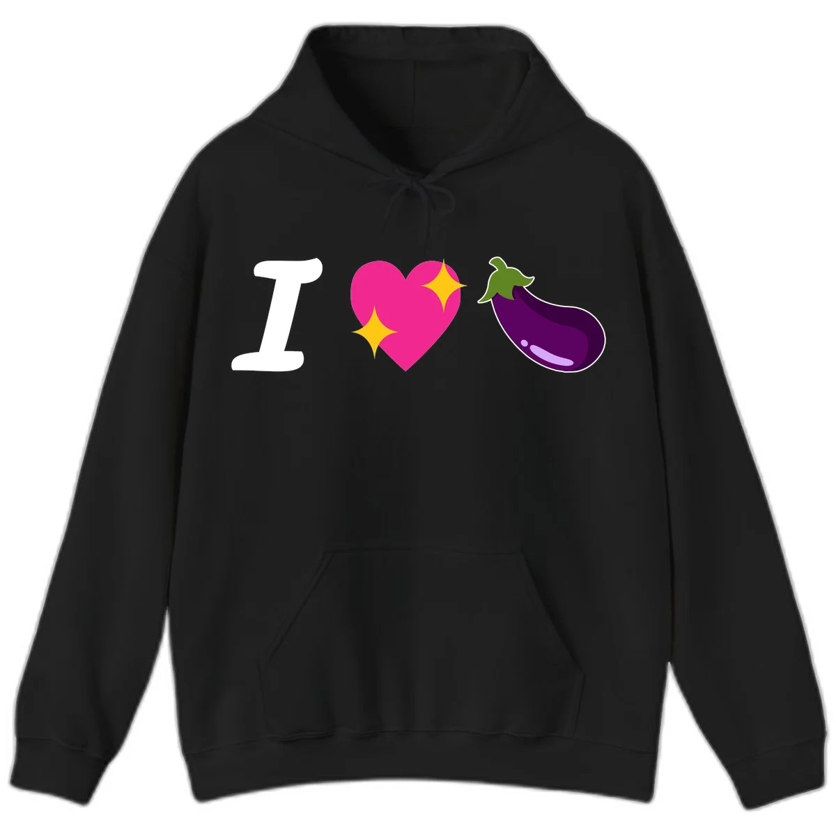 Rebus design reading 'I love eggplant' with letter I, pink heart with yellow sparkles, and purple eggplant illustration in Black