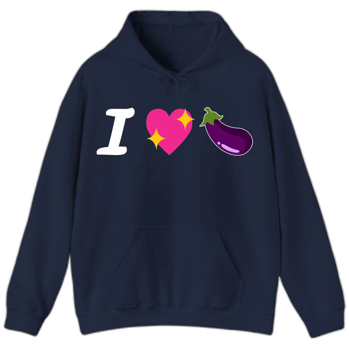 Rebus design reading 'I love eggplant' with letter I, pink heart with yellow sparkles, and purple eggplant illustration in Navy