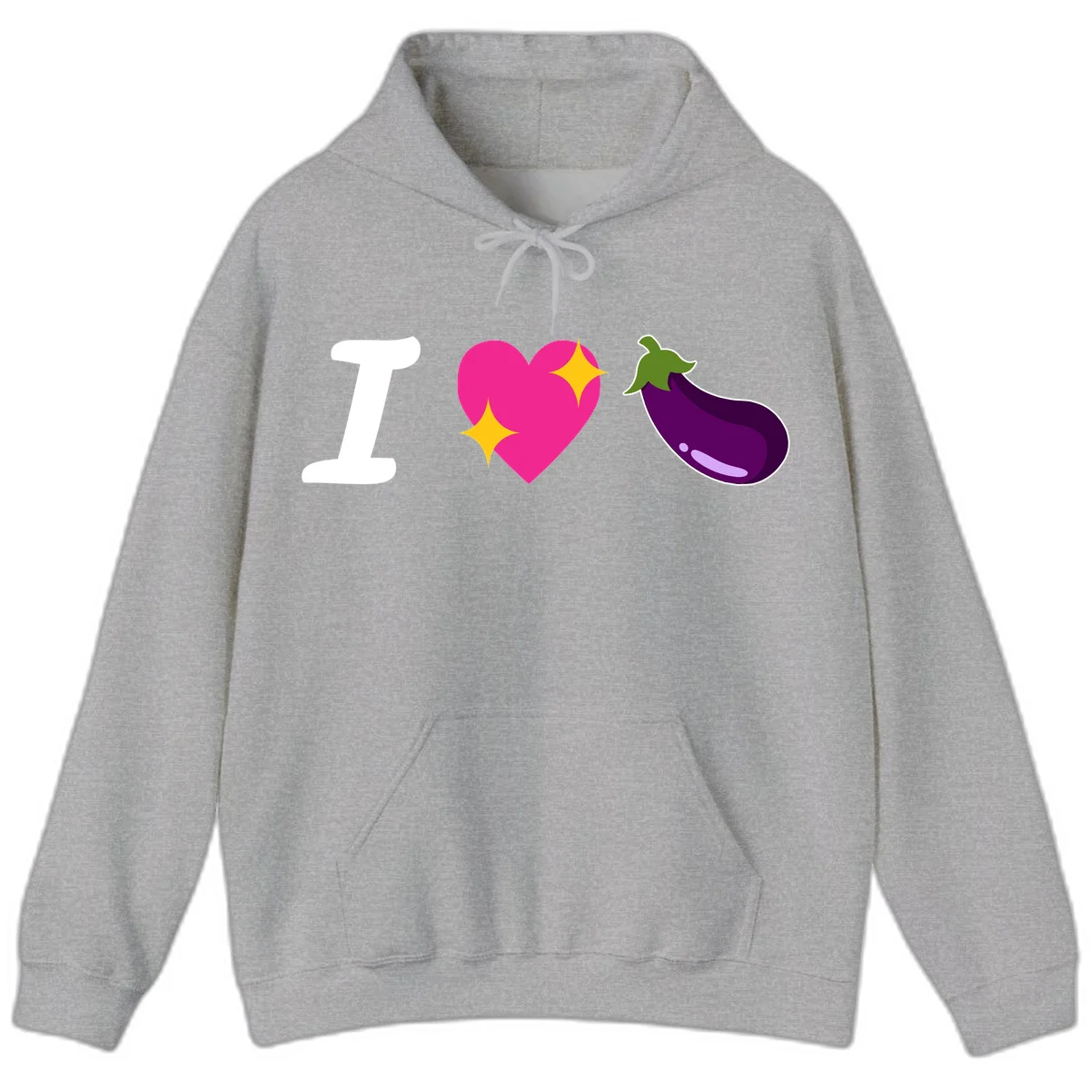 Rebus design reading 'I love eggplant' with letter I, pink heart with yellow sparkles, and purple eggplant illustration in Sport Grey