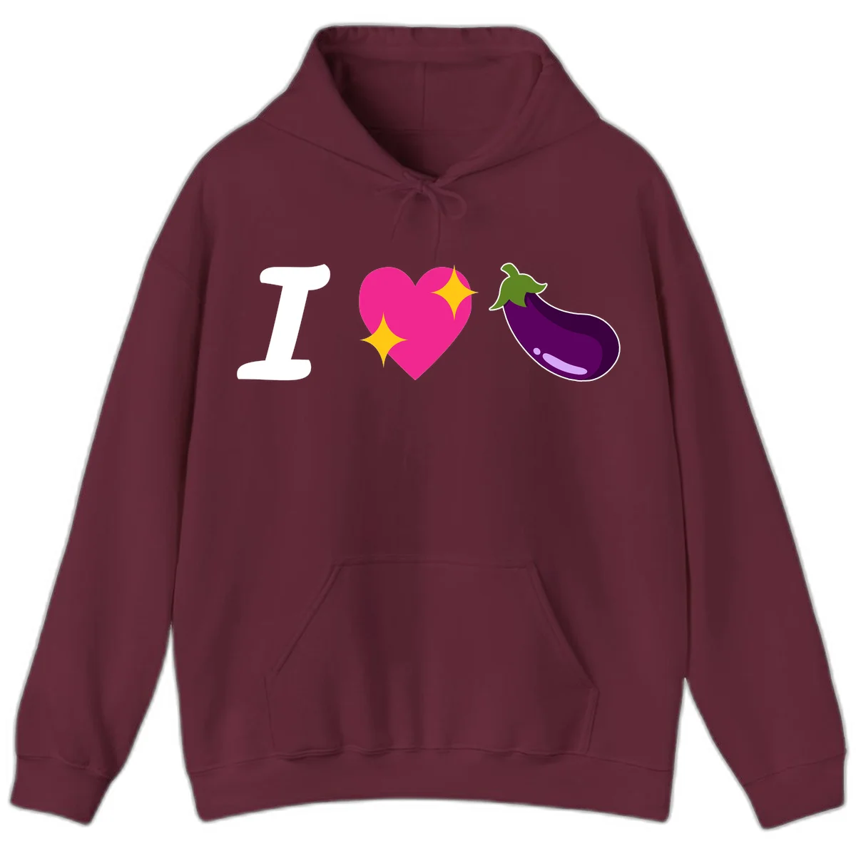 Rebus design reading 'I love eggplant' with letter I, pink heart with yellow sparkles, and purple eggplant illustration in Maroon