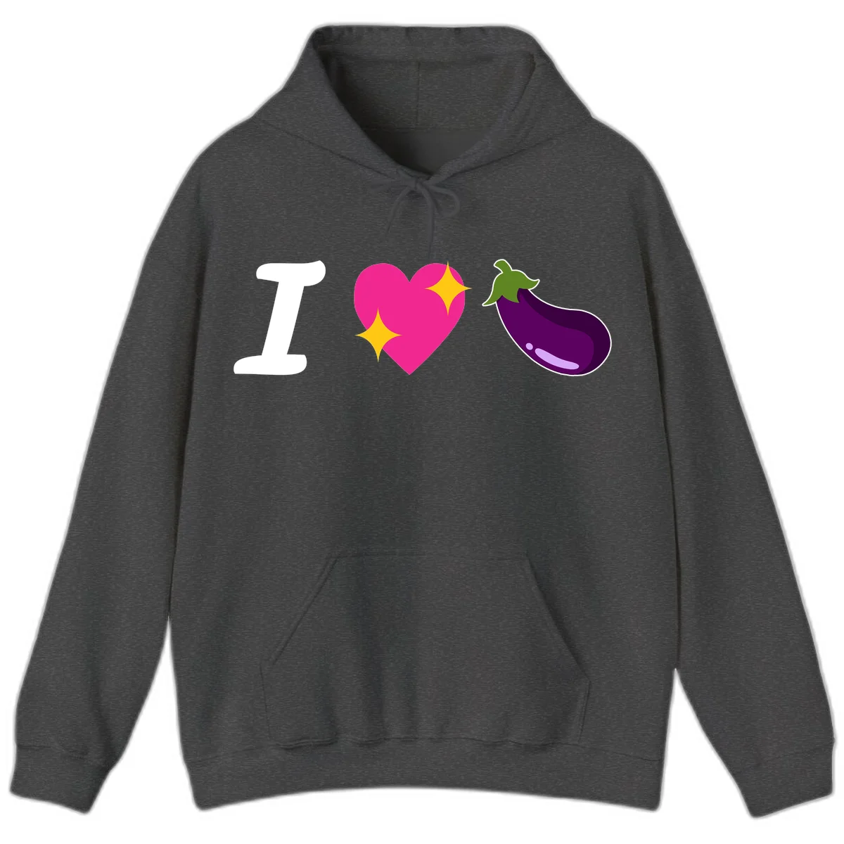 Rebus design reading 'I love eggplant' with letter I, pink heart with yellow sparkles, and purple eggplant illustration in Dark Heather