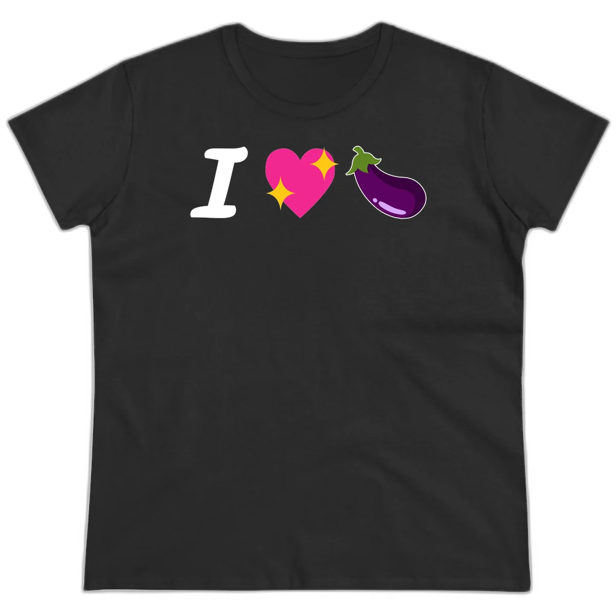Rebus design reading 'I love eggplant' with letter I, pink heart with yellow sparkles, and purple eggplant illustration in Black