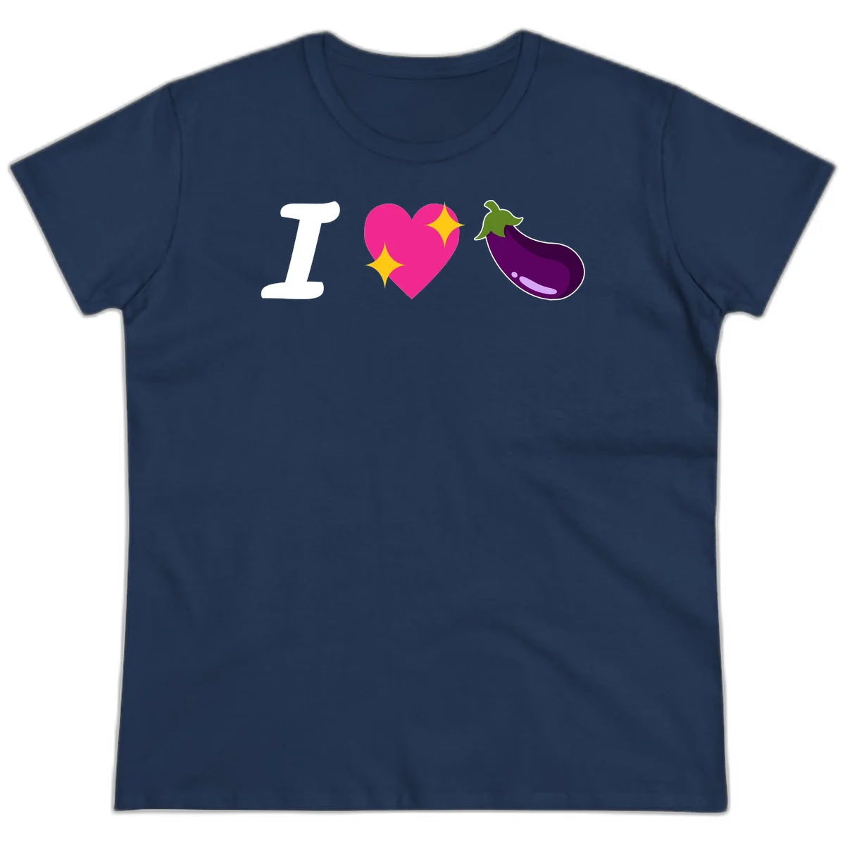 Rebus design reading 'I love eggplant' with letter I, pink heart with yellow sparkles, and purple eggplant illustration in Navy