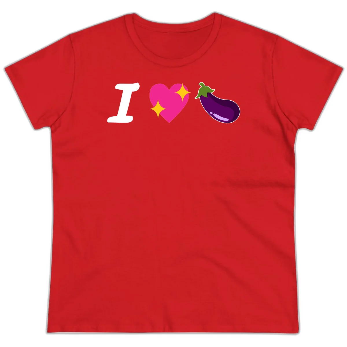 Rebus design reading 'I love eggplant' with letter I, pink heart with yellow sparkles, and purple eggplant illustration in Red