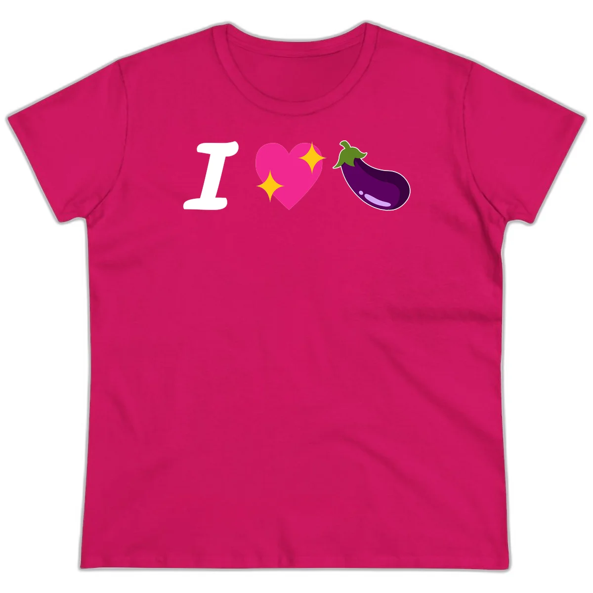 Rebus design reading 'I love eggplant' with letter I, pink heart with yellow sparkles, and purple eggplant illustration in Heliconia