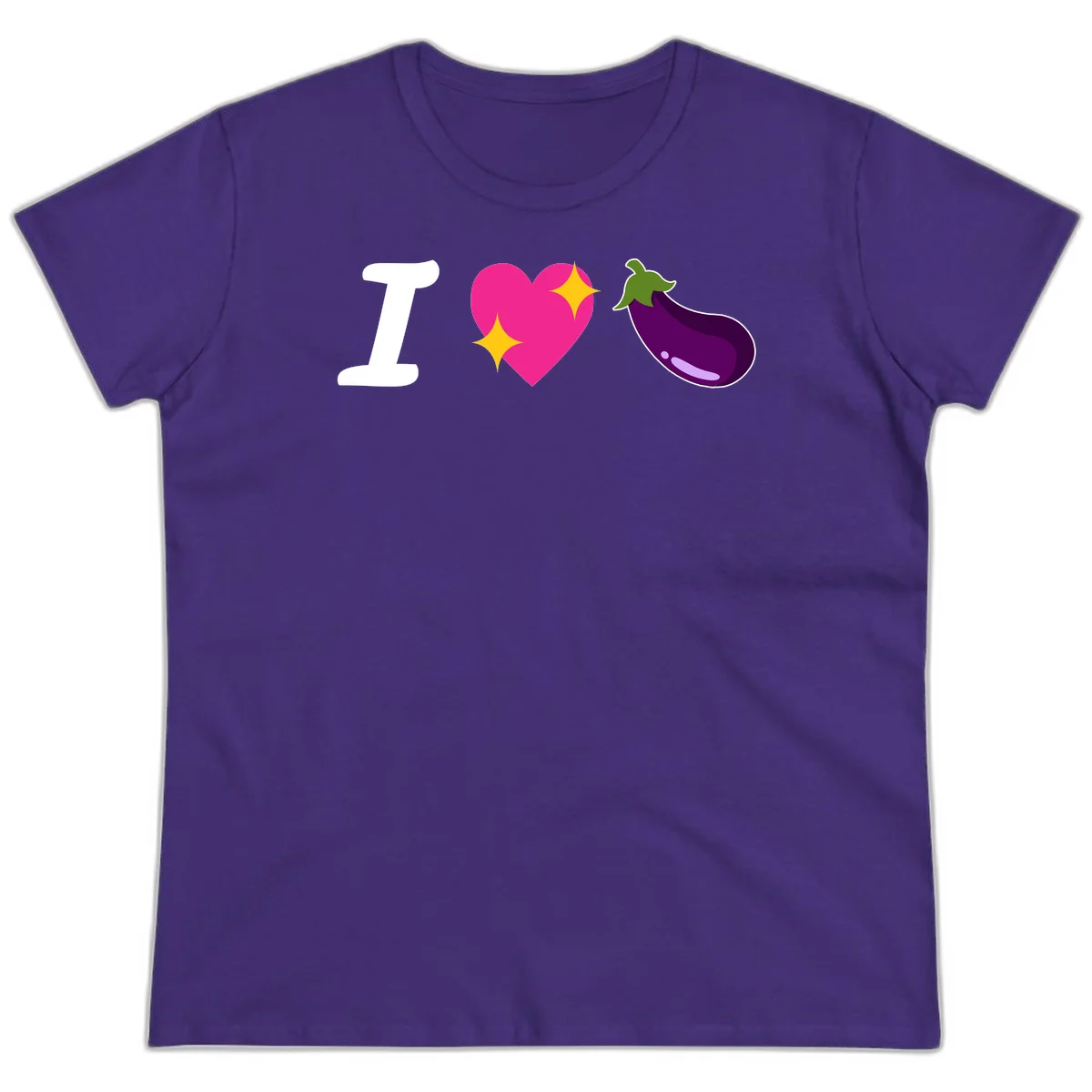 Rebus design reading 'I love eggplant' with letter I, pink heart with yellow sparkles, and purple eggplant illustration in Purple