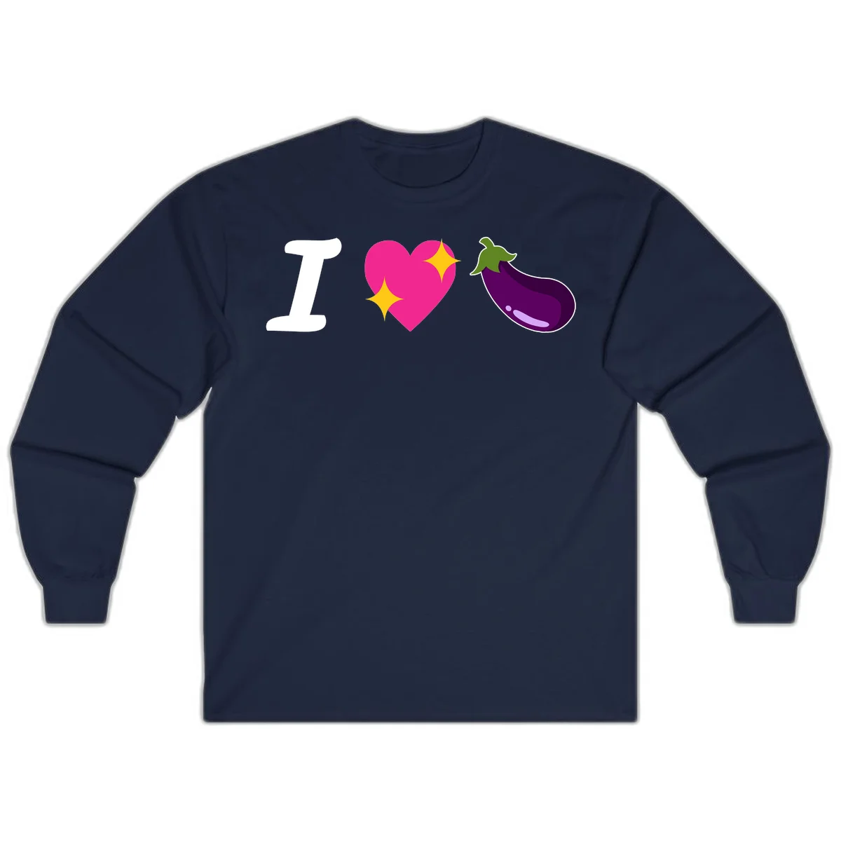 Rebus design reading 'I love eggplant' with letter I, pink heart with yellow sparkles, and purple eggplant illustration in Navy