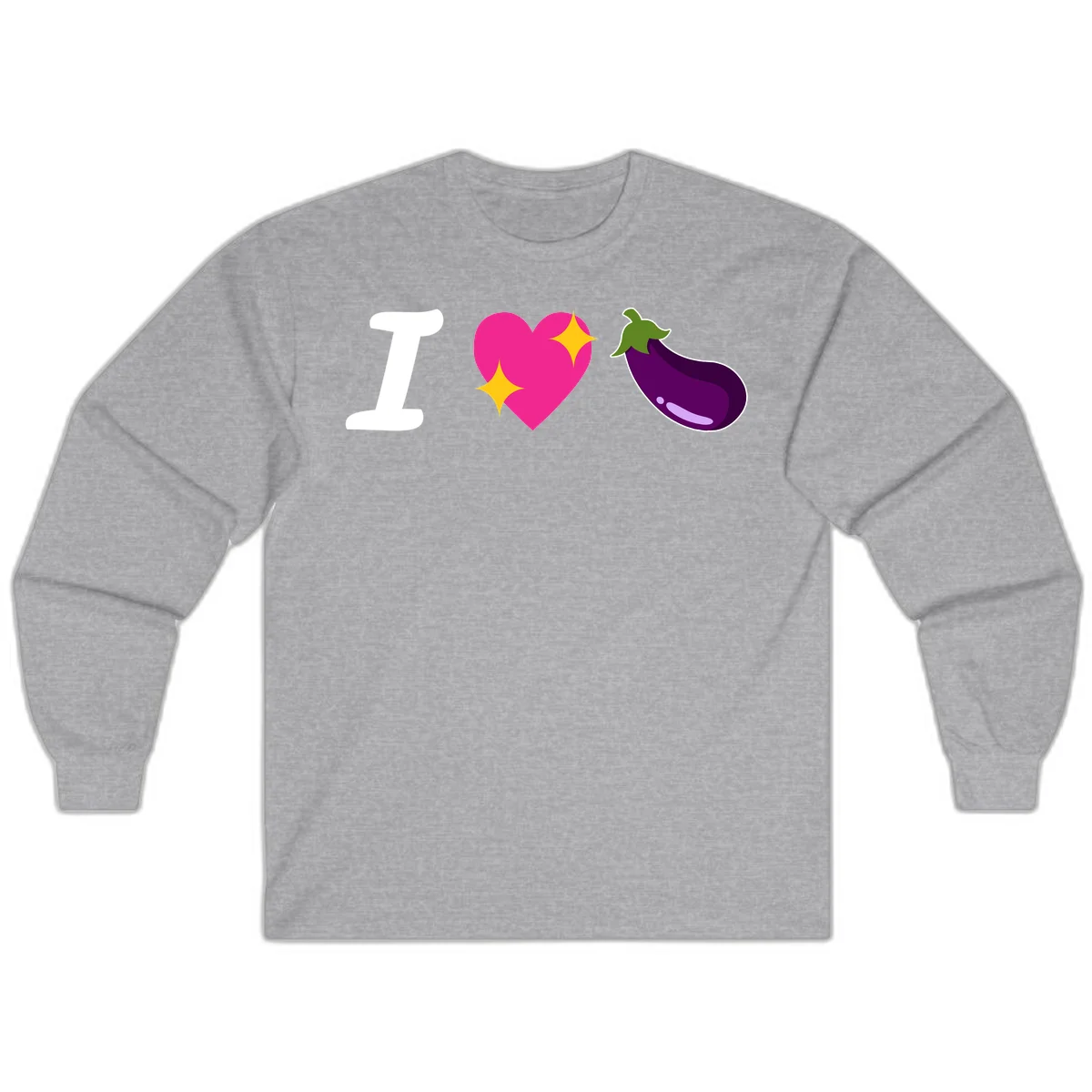 Rebus design reading 'I love eggplant' with letter I, pink heart with yellow sparkles, and purple eggplant illustration in Sport Grey
