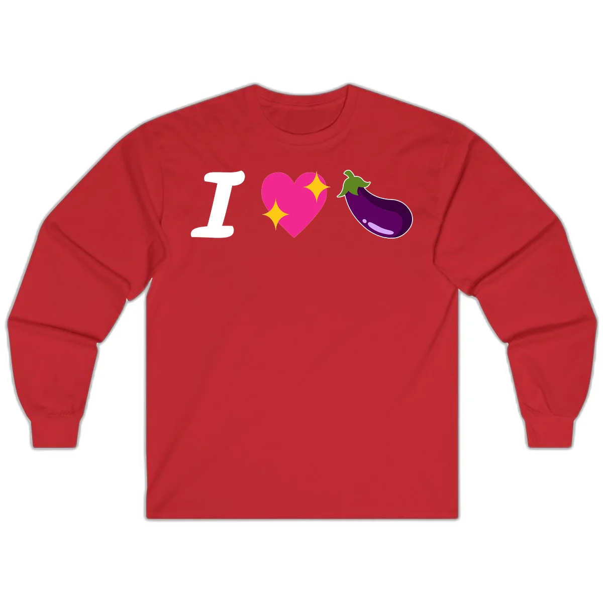 Rebus design reading 'I love eggplant' with letter I, pink heart with yellow sparkles, and purple eggplant illustration in Red
