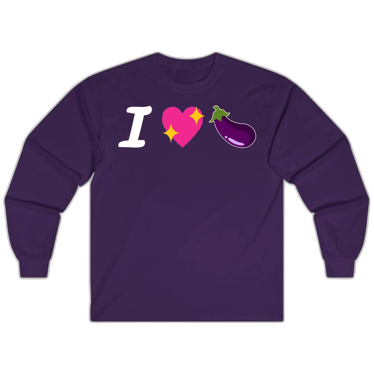 Rebus design reading 'I love eggplant' with letter I, pink heart with yellow sparkles, and purple eggplant illustration in Purple