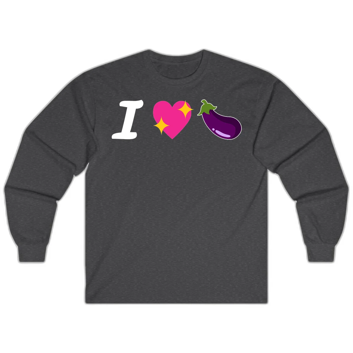 Rebus design reading 'I love eggplant' with letter I, pink heart with yellow sparkles, and purple eggplant illustration in Dark Heather