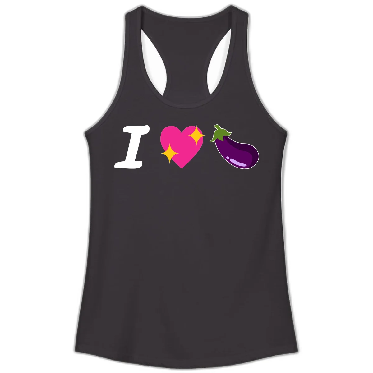Rebus design reading 'I love eggplant' with letter I, pink heart with yellow sparkles, and purple eggplant illustration in Black