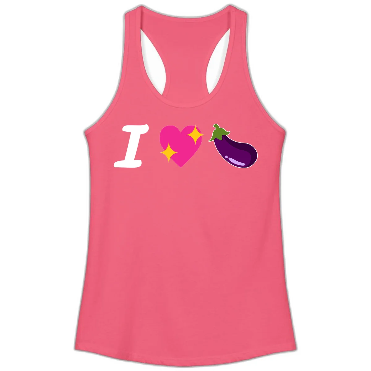 Rebus design reading 'I love eggplant' with letter I, pink heart with yellow sparkles, and purple eggplant illustration in Hot Pink